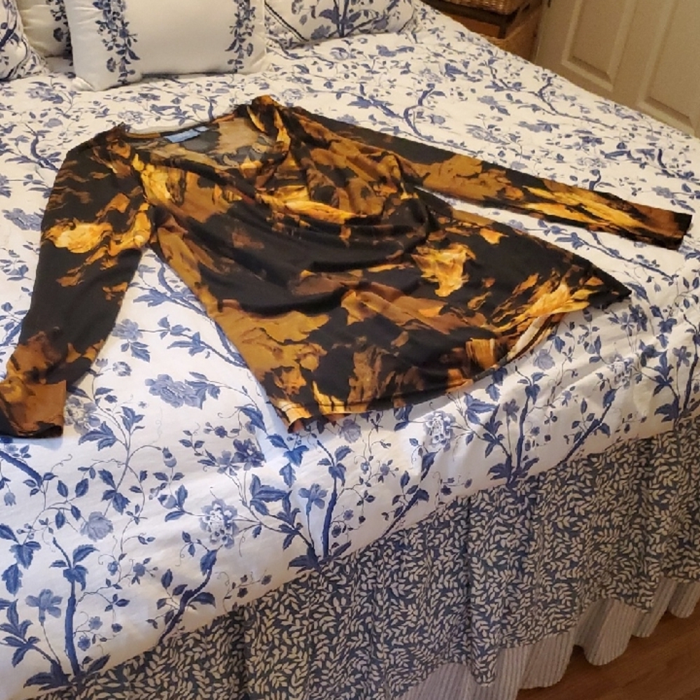 CURATED BY RUA'H KIBRIYA: Gold/Brown/Black Abstract Print Cowl Neck Blouse EUC